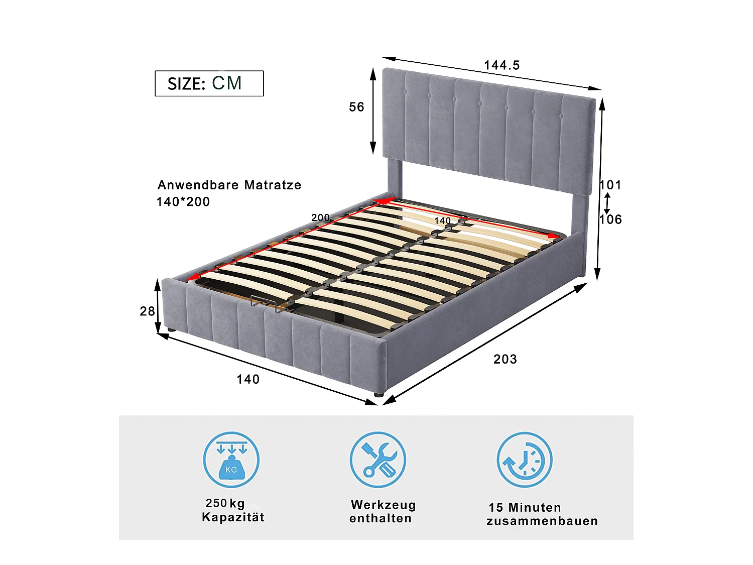 Lit rembourré 140x200 cm avec rangement hydraulique, tête réglable, sommier métal, velours gris, adulte et junior