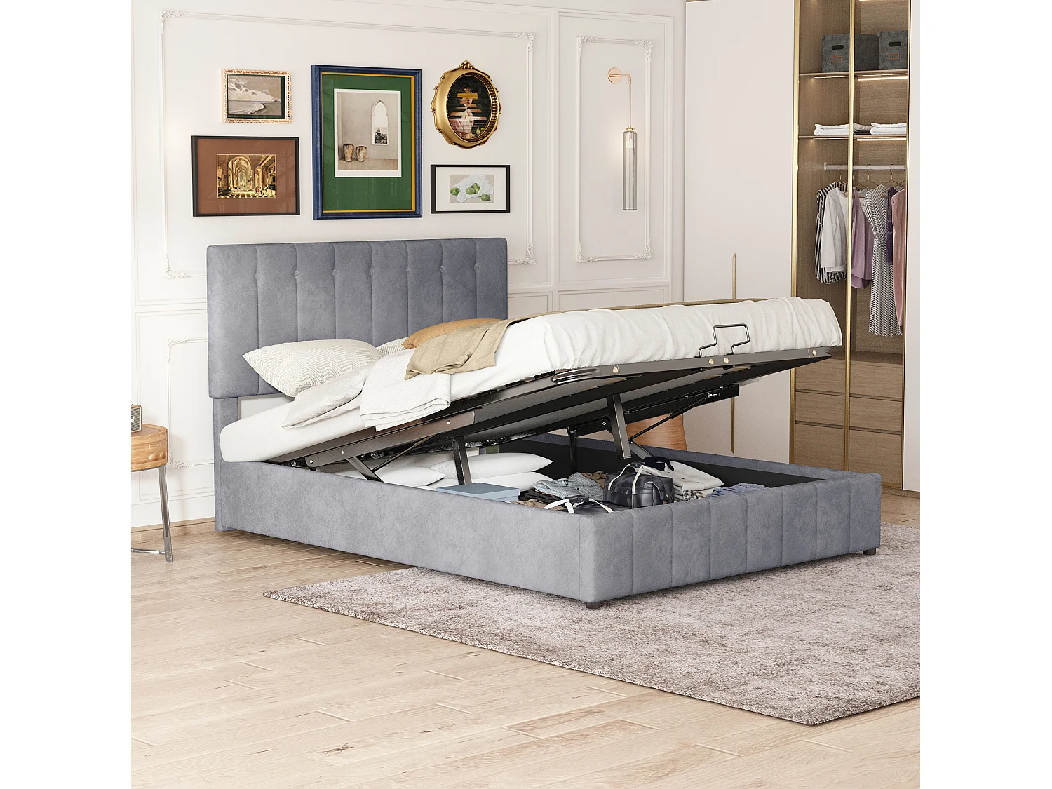 Lit rembourré 140x200 cm avec rangement hydraulique, tête réglable, sommier métal, velours gris, adulte et junior