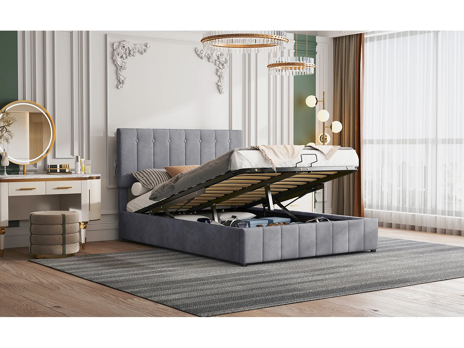 Lit rembourré 140x200 cm avec rangement hydraulique, tête réglable, sommier métal, velours gris, adulte et junior