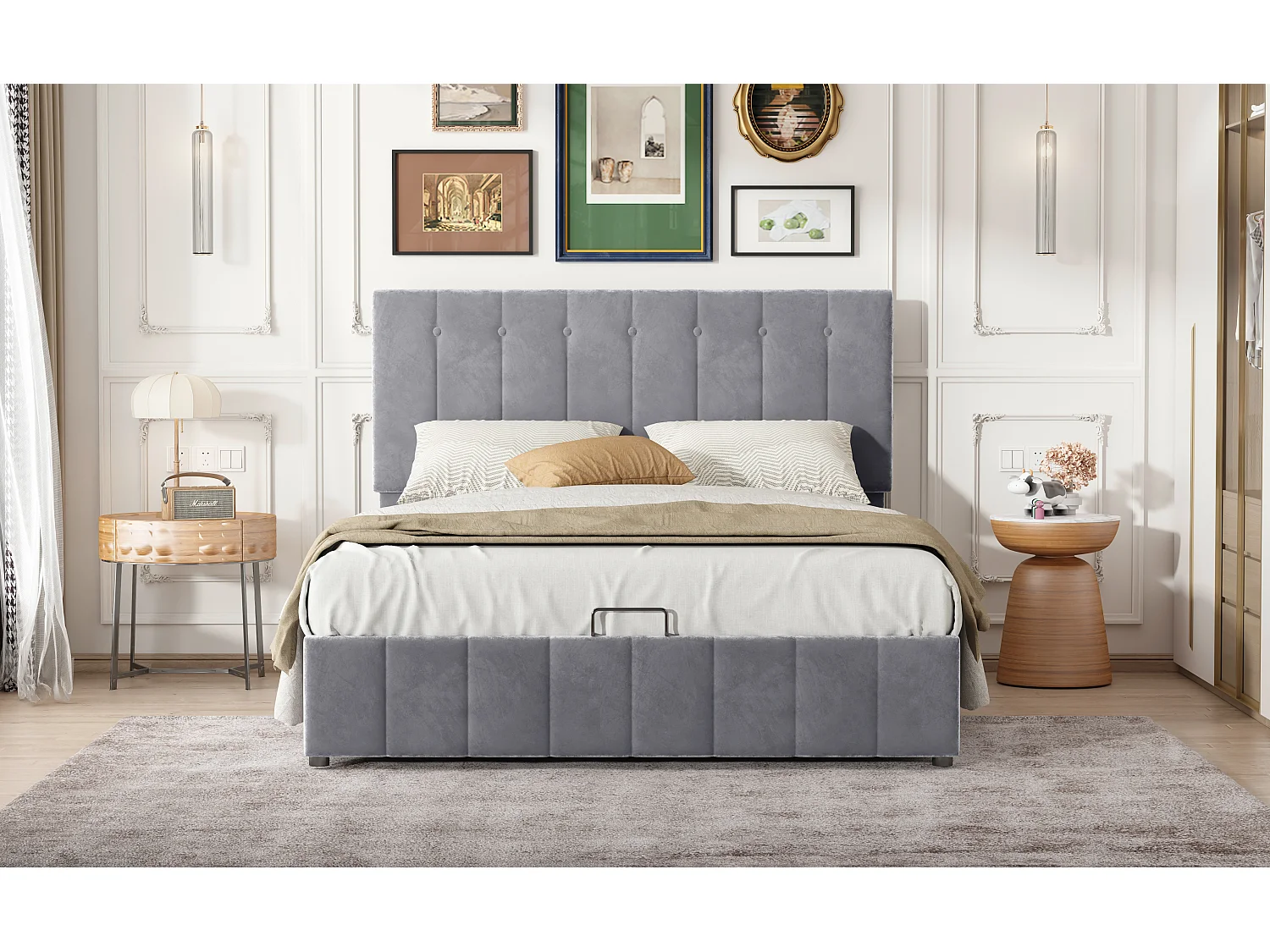 Lit rembourré 140x200 cm avec rangement hydraulique, tête réglable, sommier métal, velours gris, adulte et junior