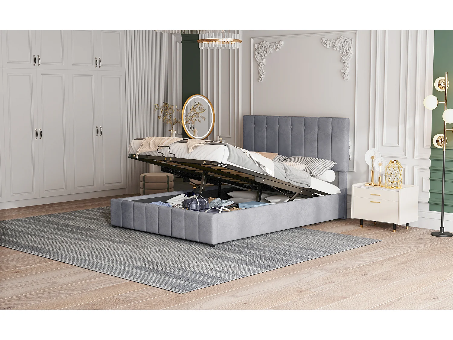 Lit rembourré 140x200 cm avec rangement hydraulique, tête réglable, sommier métal, velours gris, adulte et junior