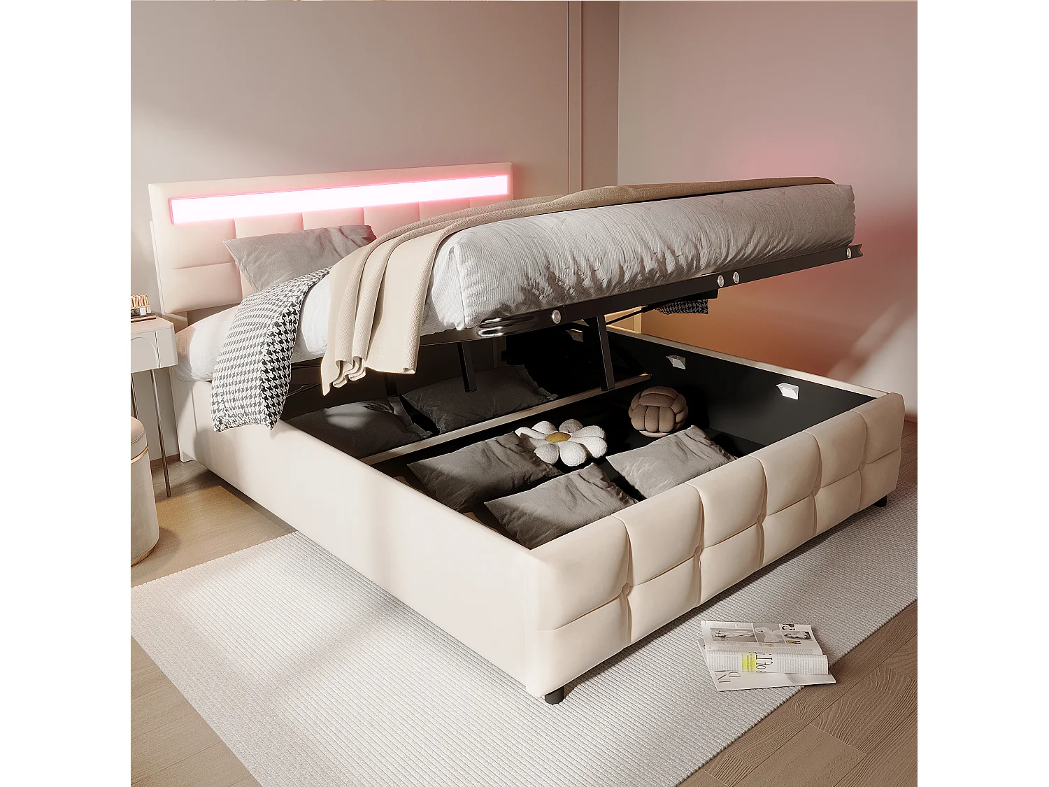 Lit rembourré 180x200 cm, LED, sommier inclus, coffre hydraulique, velours beige, rangement optimal
