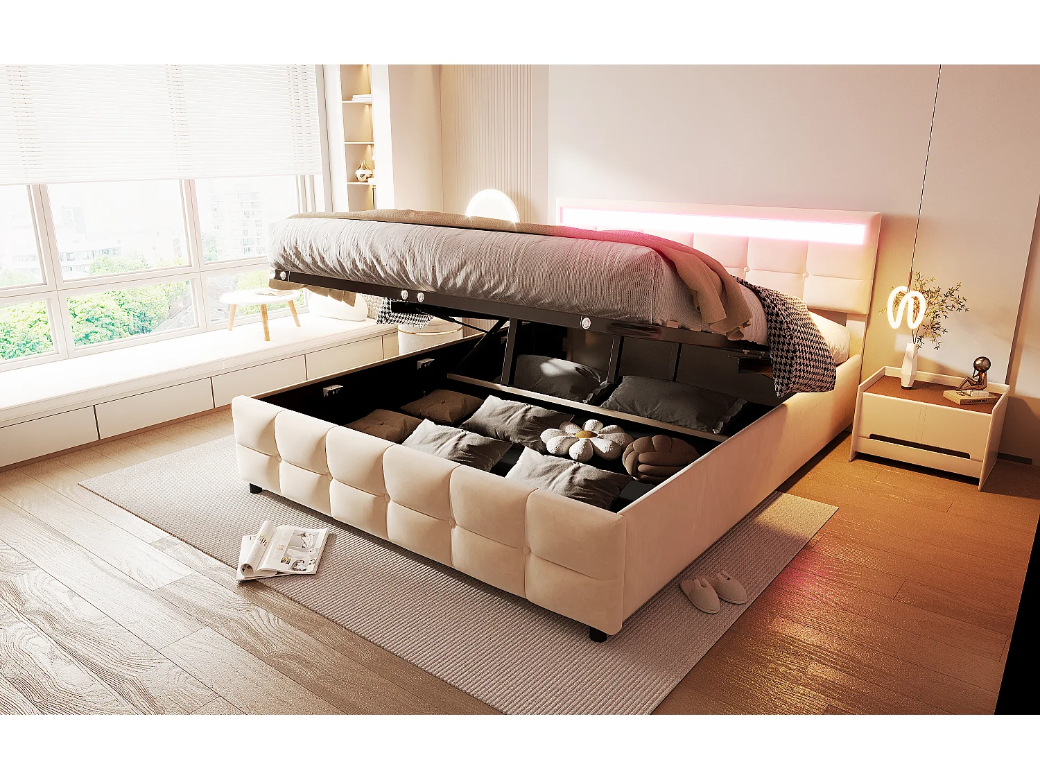 Lit rembourré 180x200 cm, LED, sommier inclus, coffre hydraulique, velours beige, rangement optimal