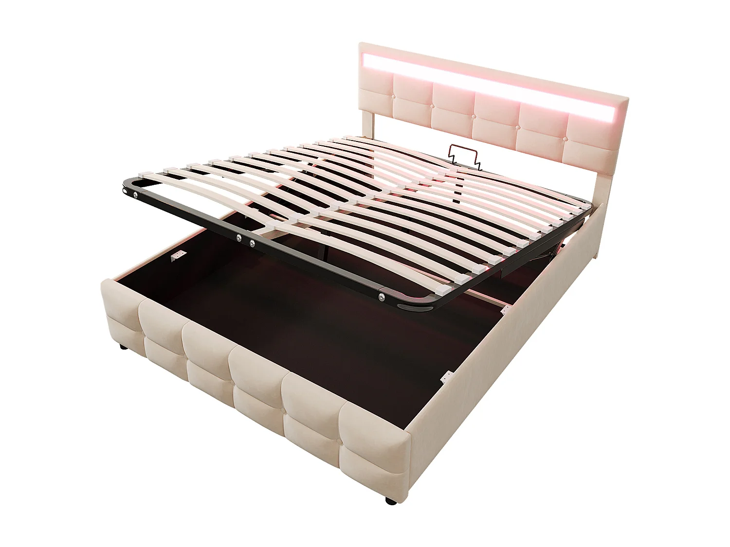 Lit rembourré 180x200 cm, LED, sommier inclus, coffre hydraulique, velours beige, rangement optimal