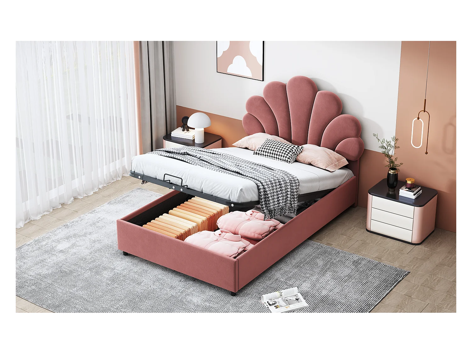 Lit enfant 90 x 200 cm, avec tête de lit florale et sommier, rangement hydraulique, velours doux, rose