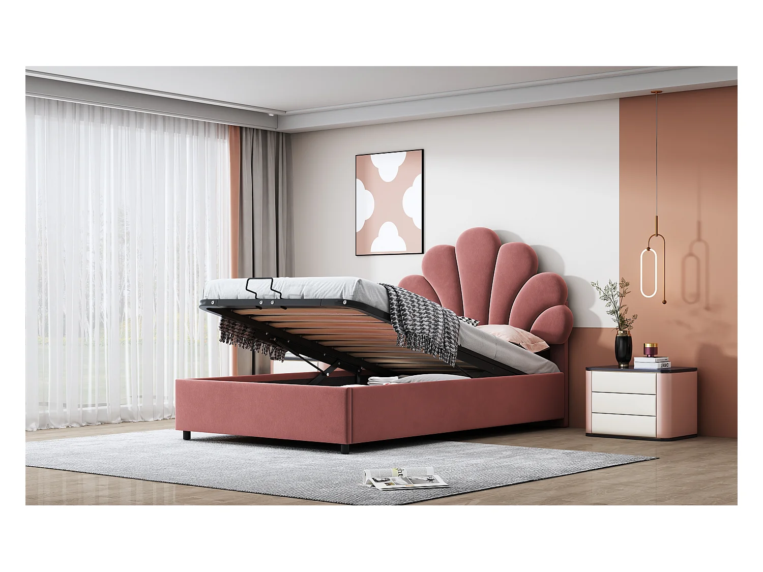 Lit enfant 90 x 200 cm, avec tête de lit florale et sommier, rangement hydraulique, velours doux, rose