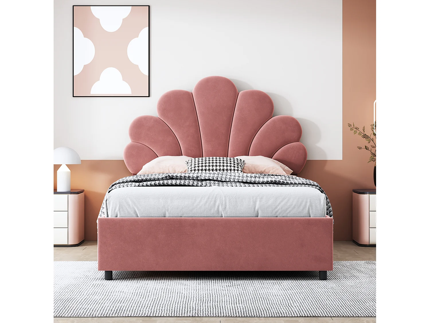 Lit enfant 90 x 200 cm, avec tête de lit florale et sommier, rangement hydraulique, velours doux, rose