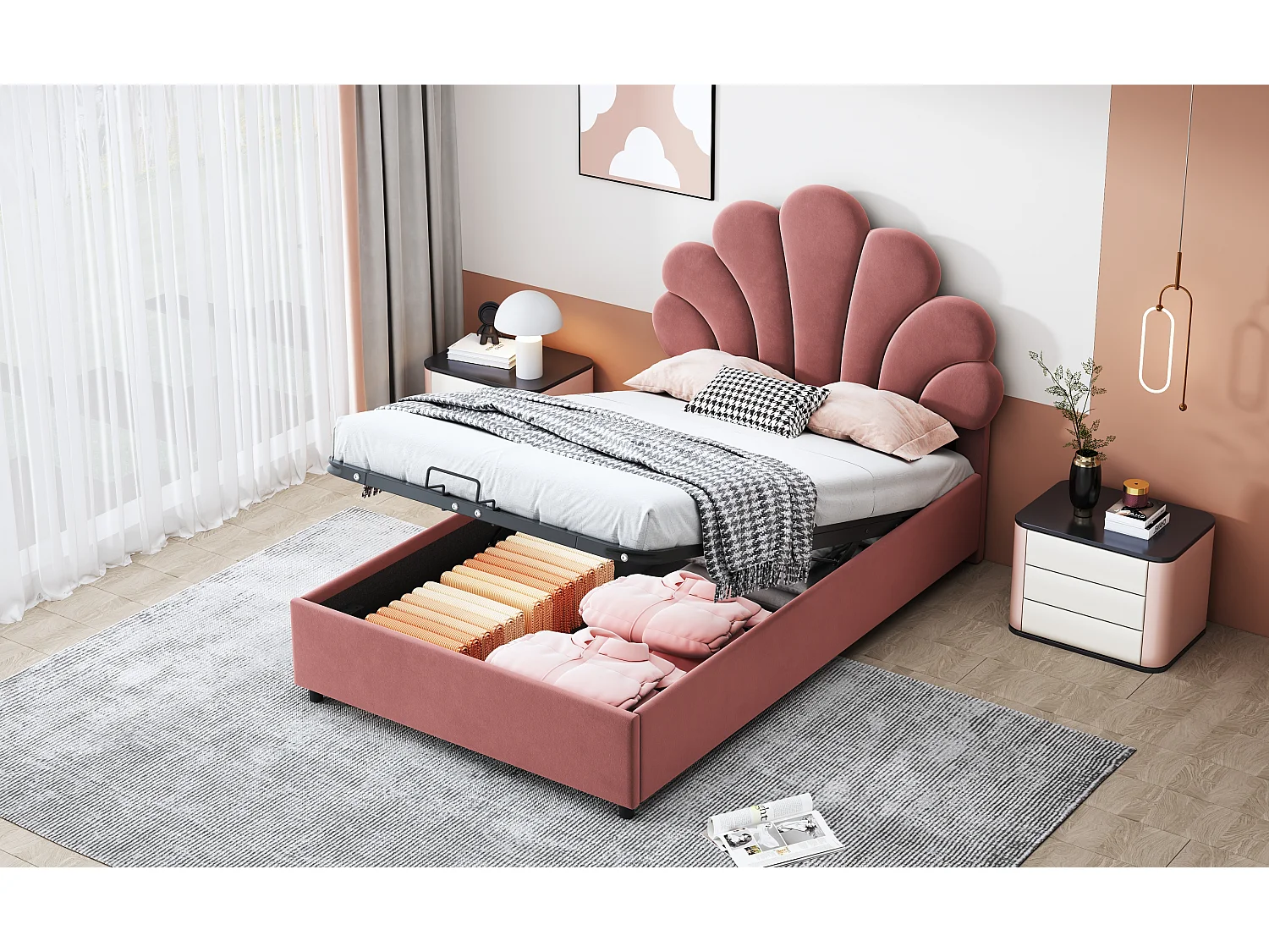 Lit enfant 90 x 200 cm, avec tête de lit florale et sommier, rangement hydraulique, velours doux, rose