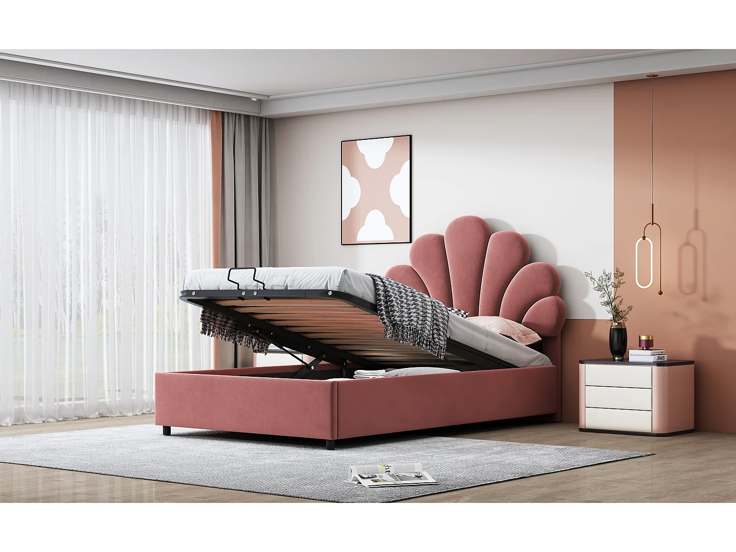 Lit enfant 90 x 200 cm, avec tête de lit florale et sommier, rangement hydraulique, velours doux, rose