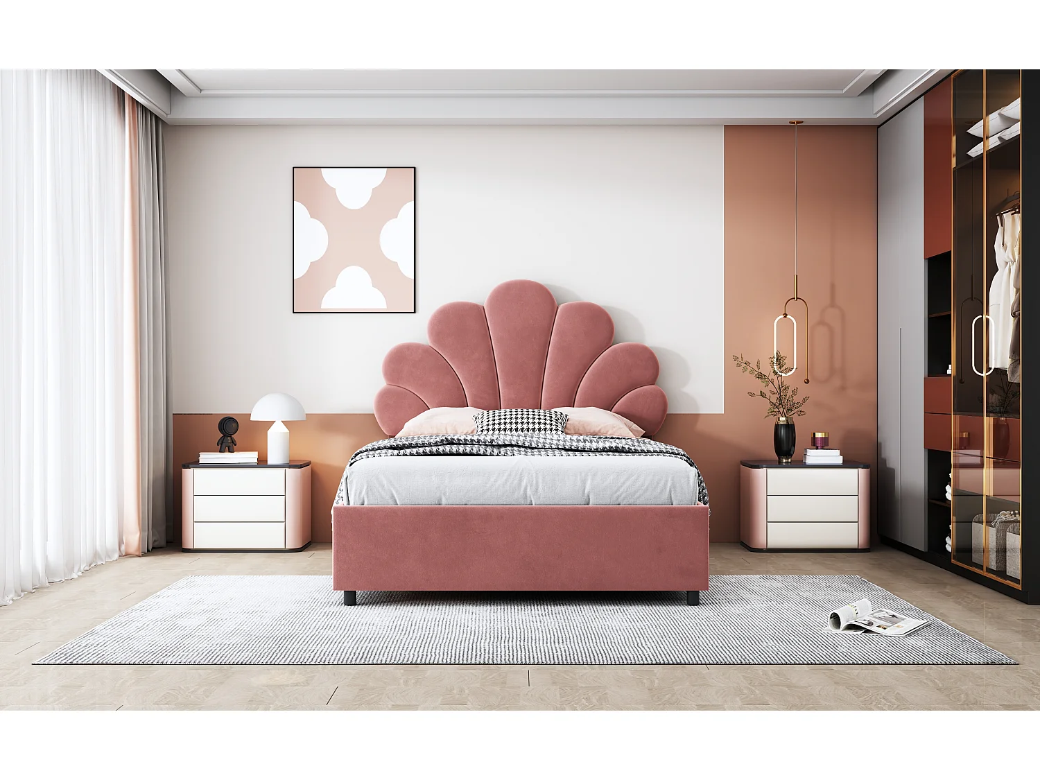 Lit enfant 90 x 200 cm, avec tête de lit florale et sommier, rangement hydraulique, velours doux, rose