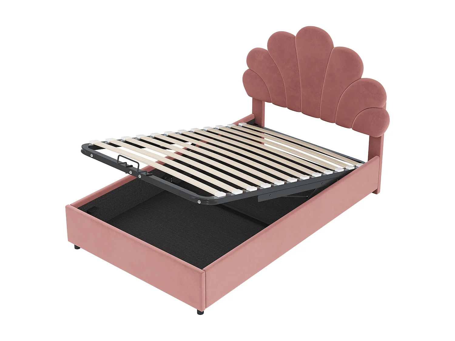 Lit enfant 90 x 200 cm, avec tête de lit florale et sommier, rangement hydraulique, velours doux, rose