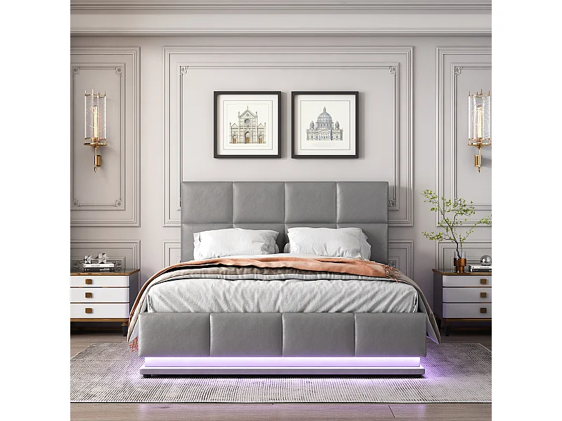 Lit moderne 140x200 cm avec éclairage LED et espace de rangement hydraulique en simili cuir gris