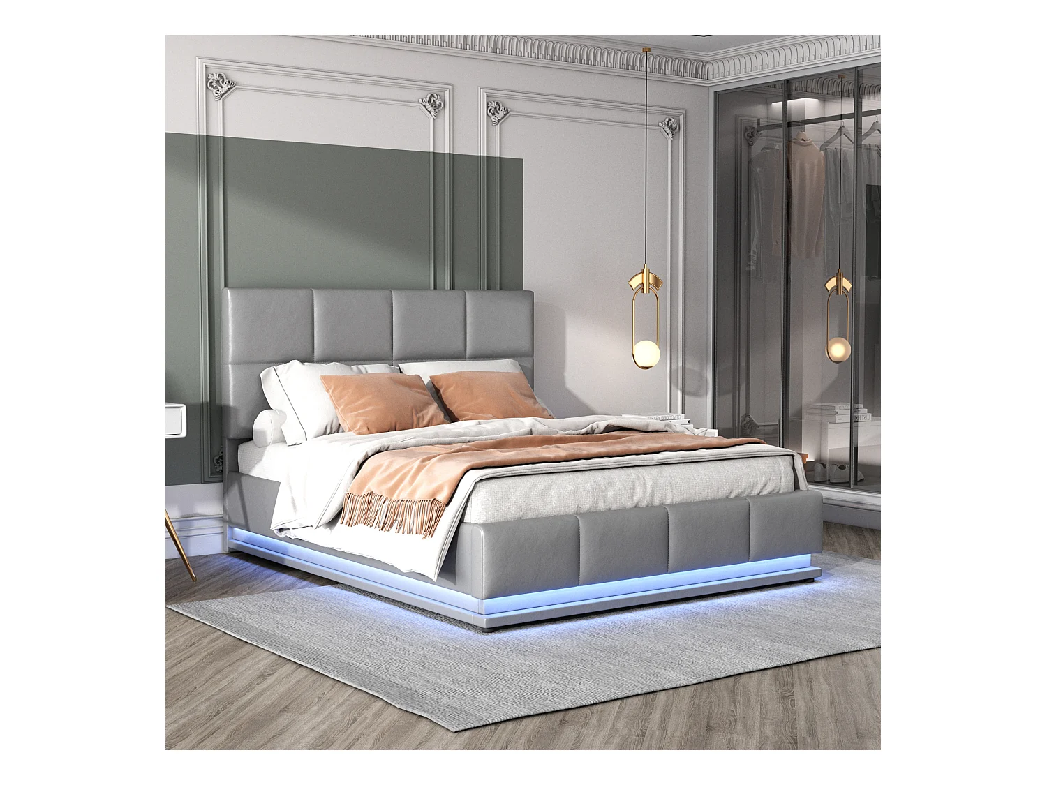 Lit moderne 140x200 cm avec éclairage LED et espace de rangement hydraulique en simili cuir gris