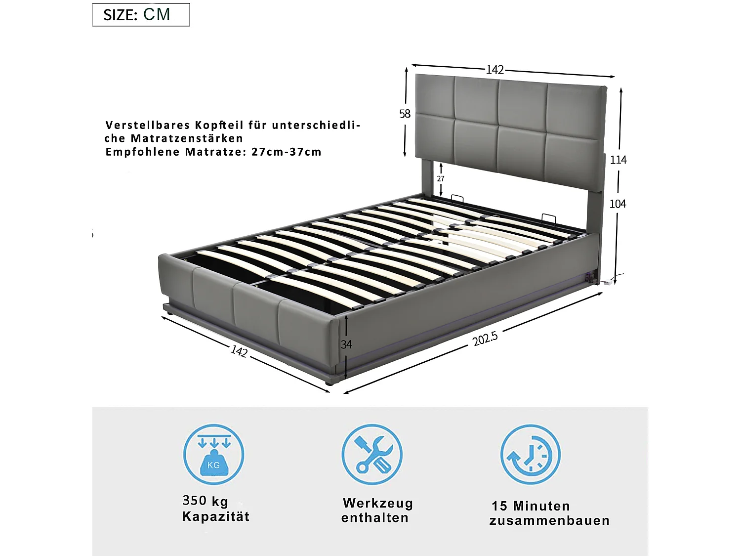 Lit moderne 140x200 cm avec éclairage LED et espace de rangement hydraulique en simili cuir gris