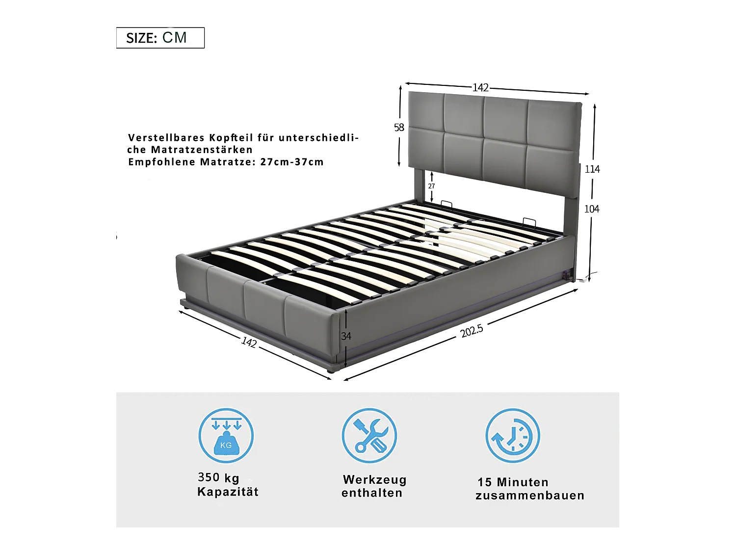 Lit moderne 140x200 cm avec éclairage LED et espace de rangement hydraulique en simili cuir gris