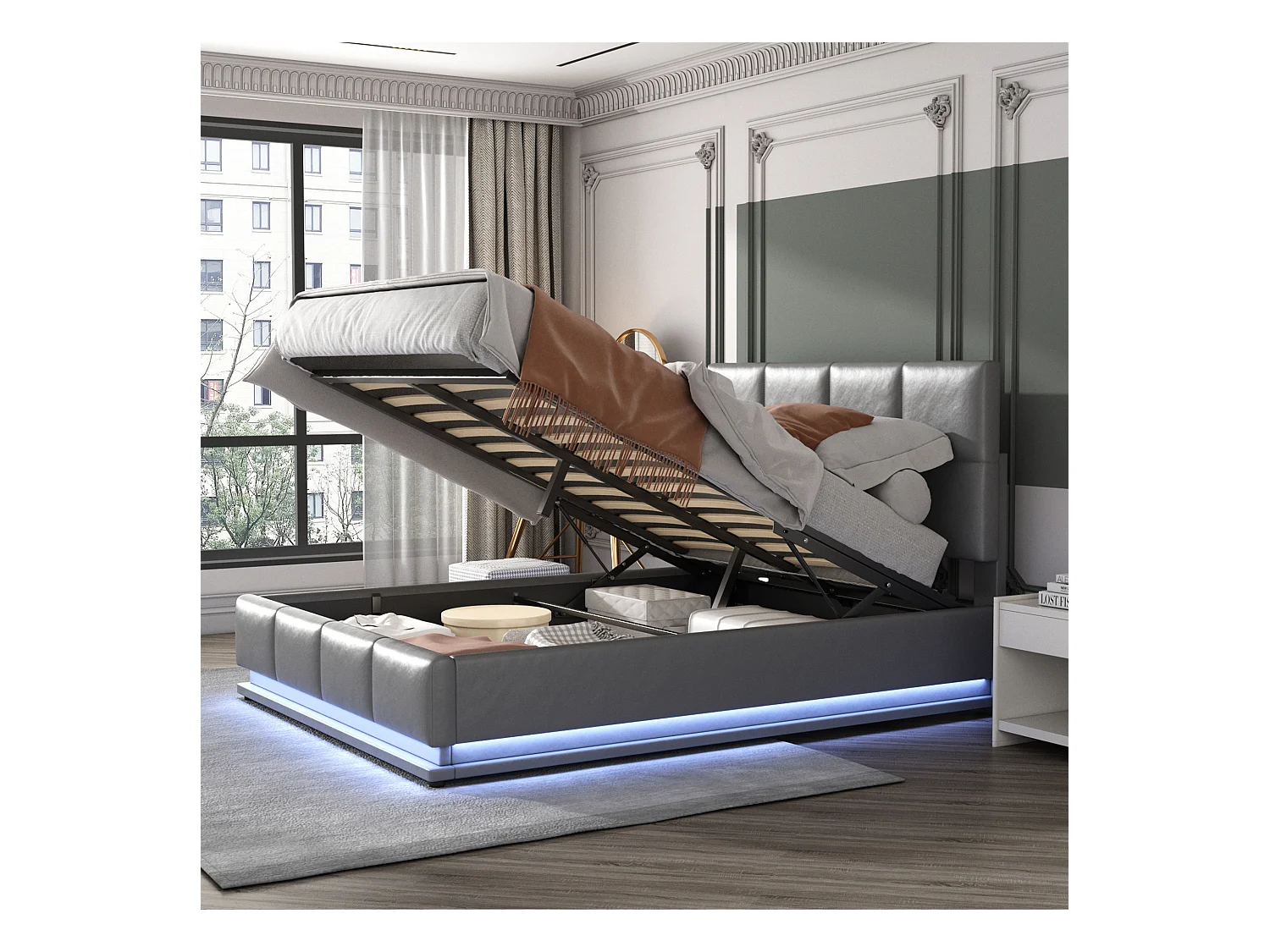 Lit moderne 140x200 cm avec éclairage LED et espace de rangement hydraulique en simili cuir gris