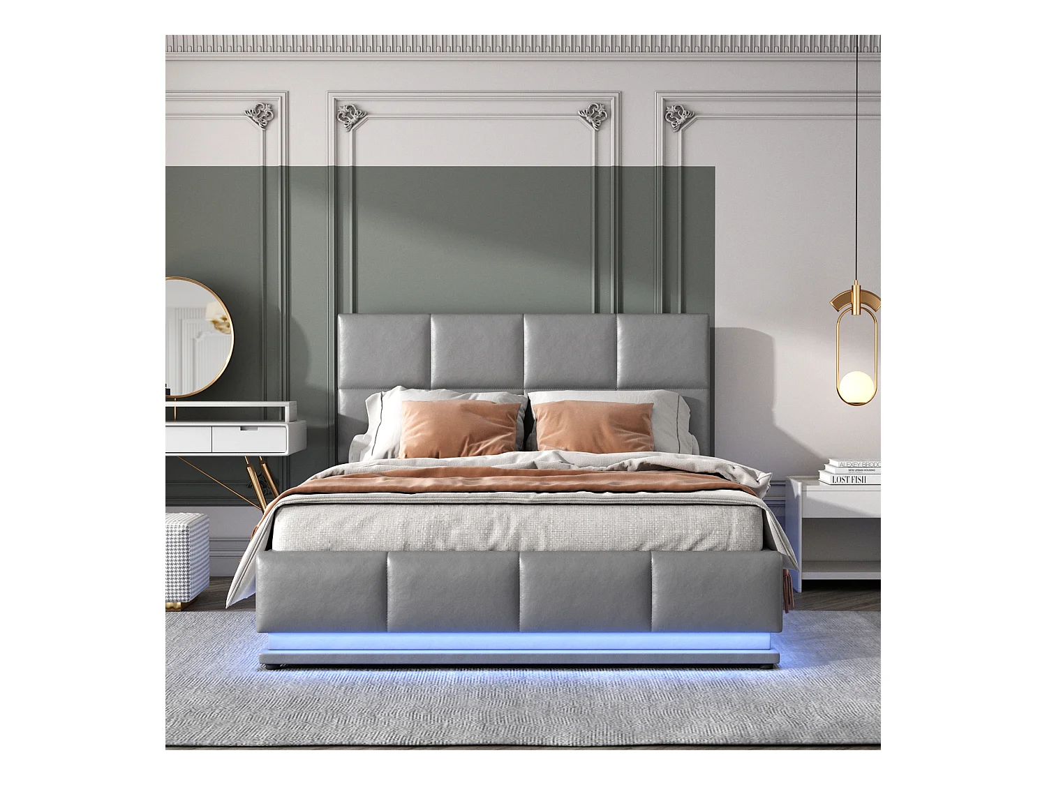 Lit moderne 140x200 cm avec éclairage LED et espace de rangement hydraulique en simili cuir gris