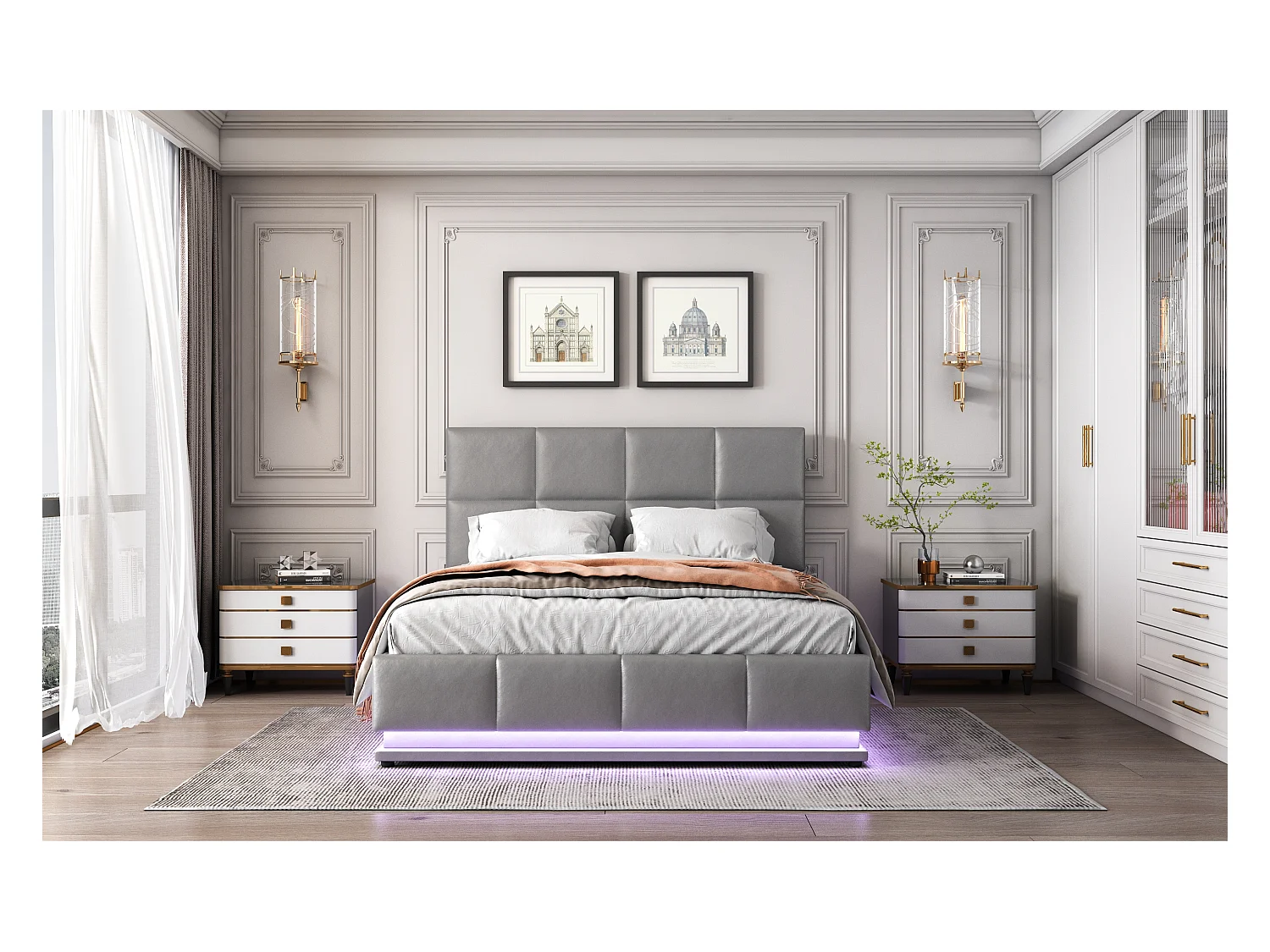 Lit moderne 140x200 cm avec éclairage LED et espace de rangement hydraulique en simili cuir gris