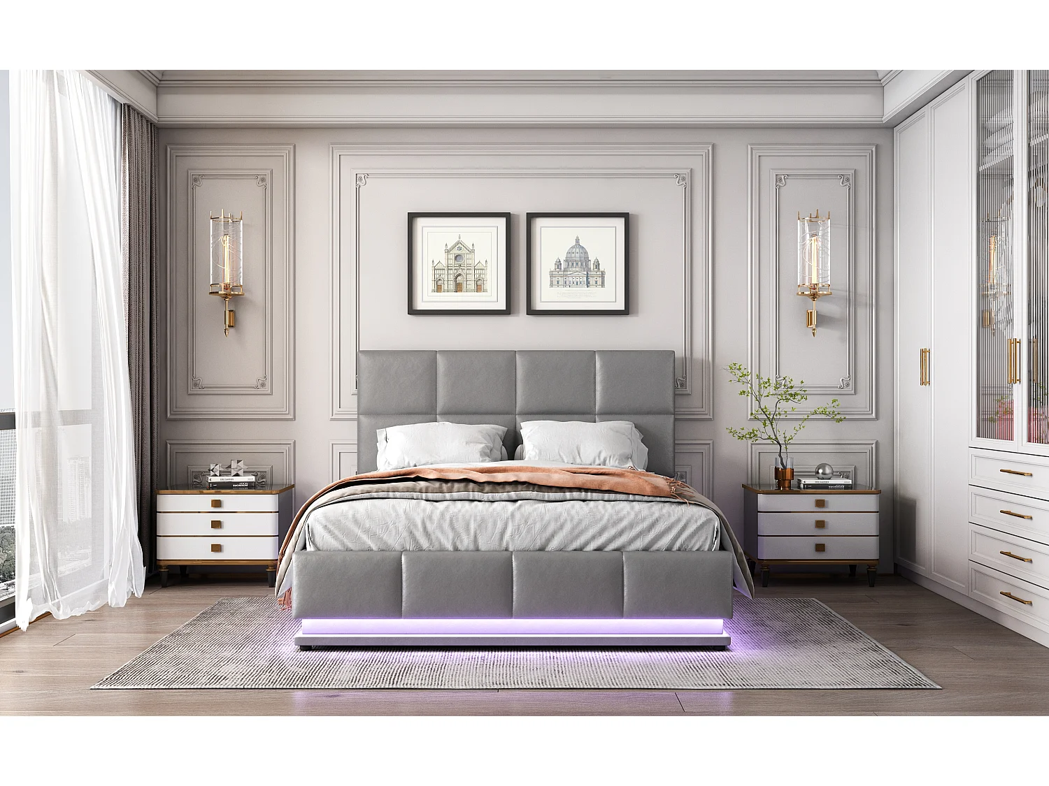 Lit moderne 140x200 cm avec éclairage LED et espace de rangement hydraulique en simili cuir gris