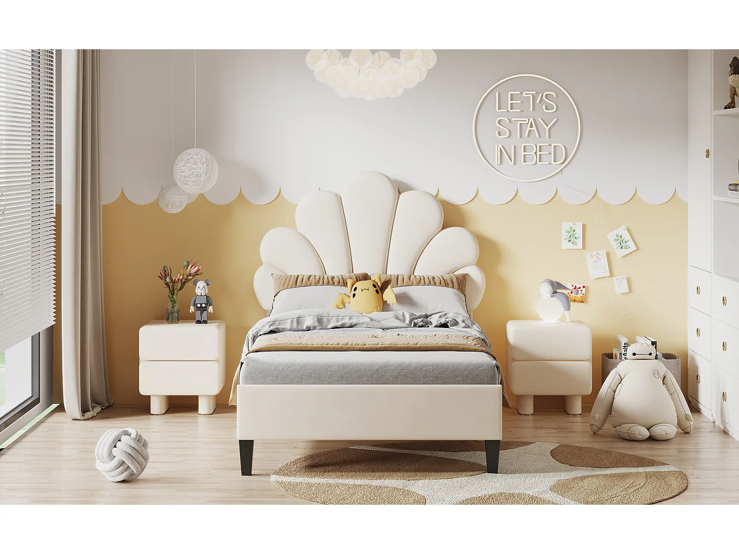 Lit rembourré 90x200 cm tête en forme de fleurs, sommier inclus, velours beige, lit fille pratique