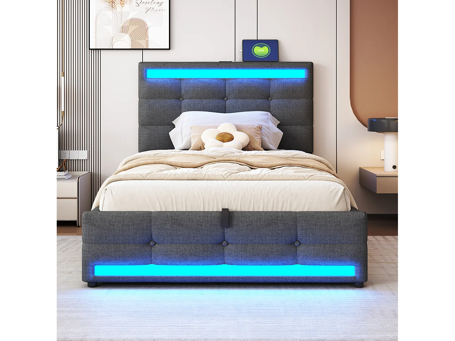 Lit rembourré 90×200 cm avec rangement hydraulique, USB et bande LED RGB, Gris