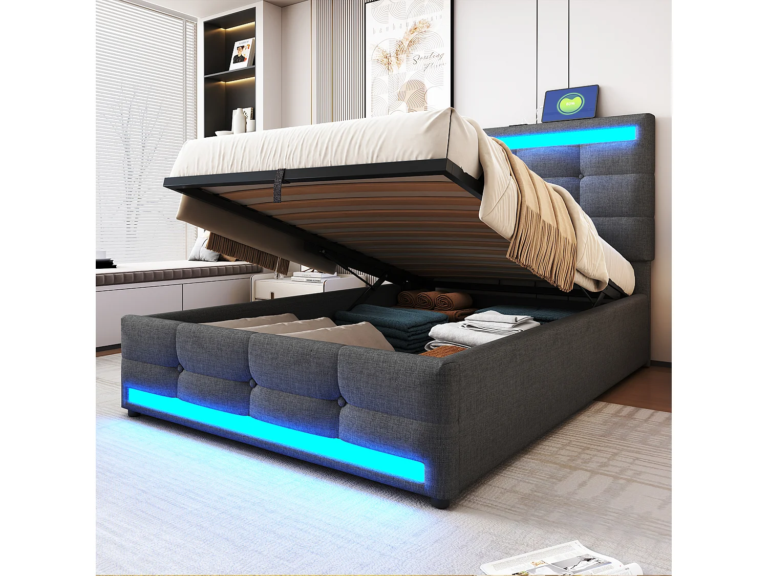 Lit rembourré 90×200 cm avec rangement hydraulique, USB et bande LED RGB, Gris