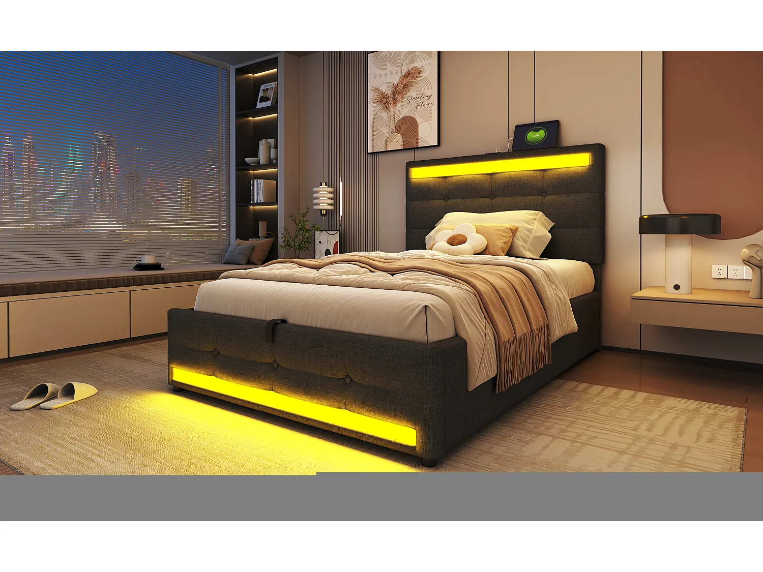 Lit rembourré 90×200 cm avec rangement hydraulique, USB et bande LED RGB, Gris