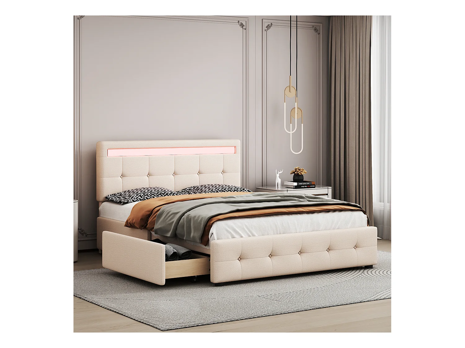 Lit rembourré 140x200 cm LED, sommier et tiroirs roulants, tête incluse, velours lin beige, lit enfant