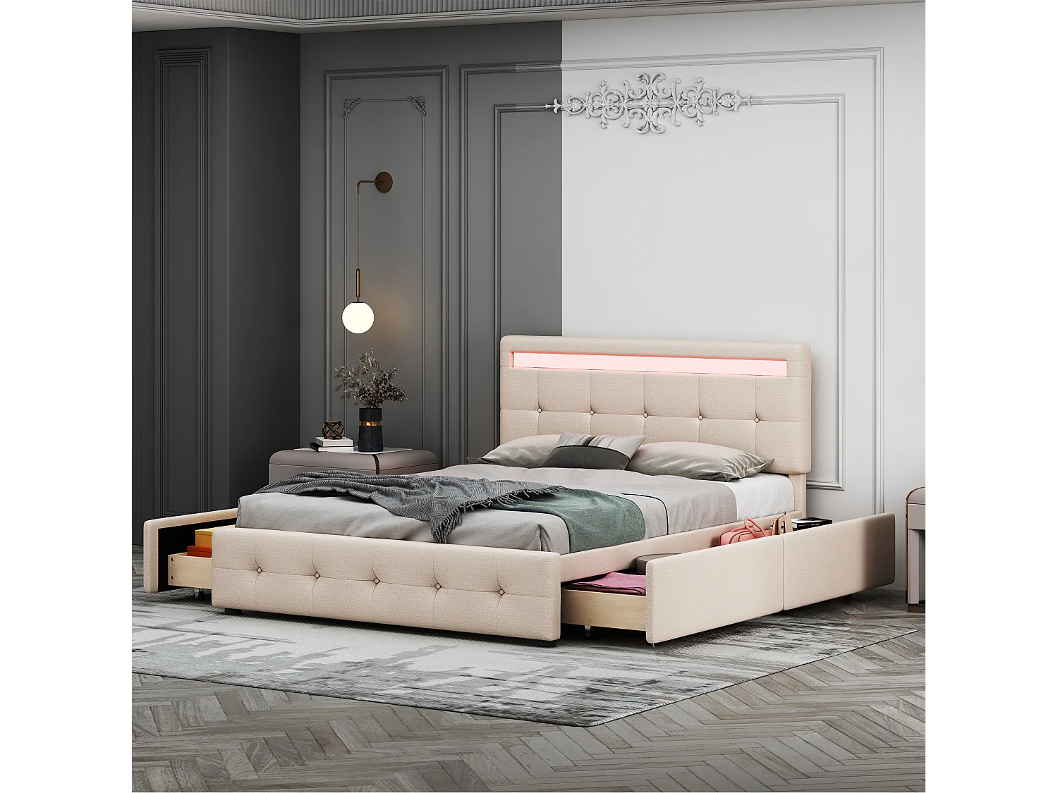 Lit rembourré 140x200 cm LED, sommier et tiroirs roulants, tête incluse, velours lin beige, lit enfant
