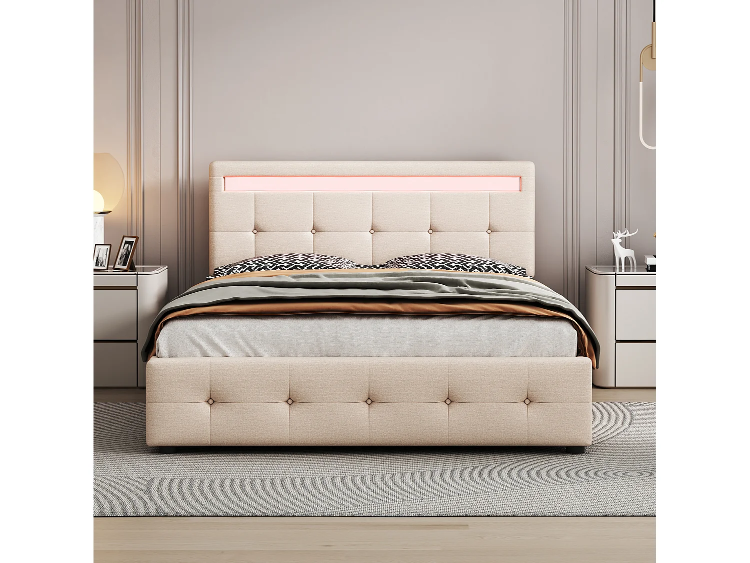 Lit rembourré 140x200 cm LED, sommier et tiroirs roulants, tête incluse, velours lin beige, lit enfant