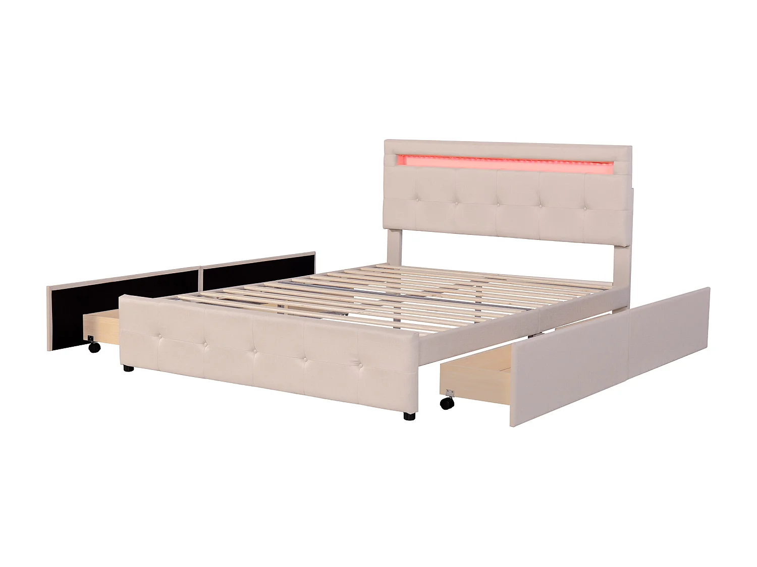 Lit rembourré 140x200 cm LED, sommier et tiroirs roulants, tête incluse, velours lin beige, lit enfant