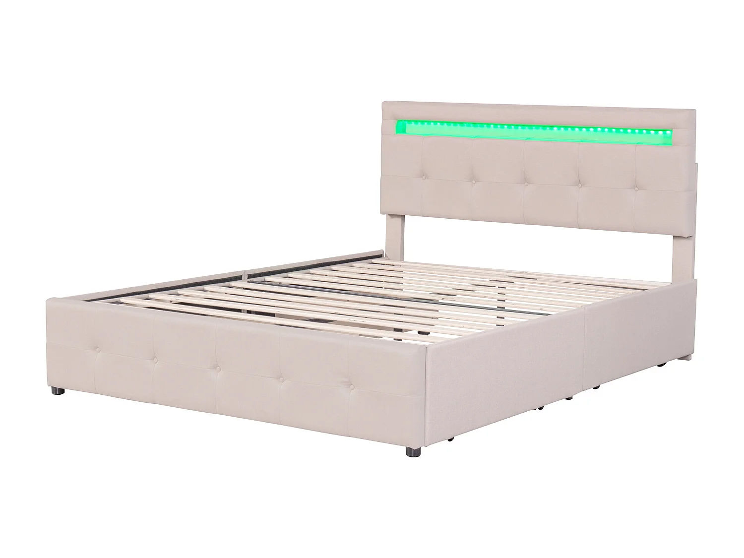 Lit rembourré 140x200 cm LED, sommier et tiroirs roulants, tête incluse, velours lin beige, lit enfant