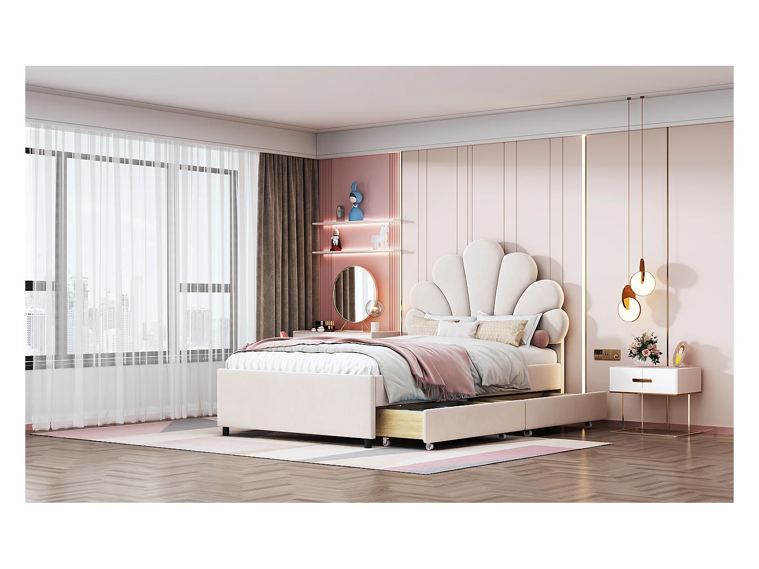 Lit enfant rembourré 90x200 cm, cadre avec tête fleurie, sommier, 2 rangements, velours beige, lit fille