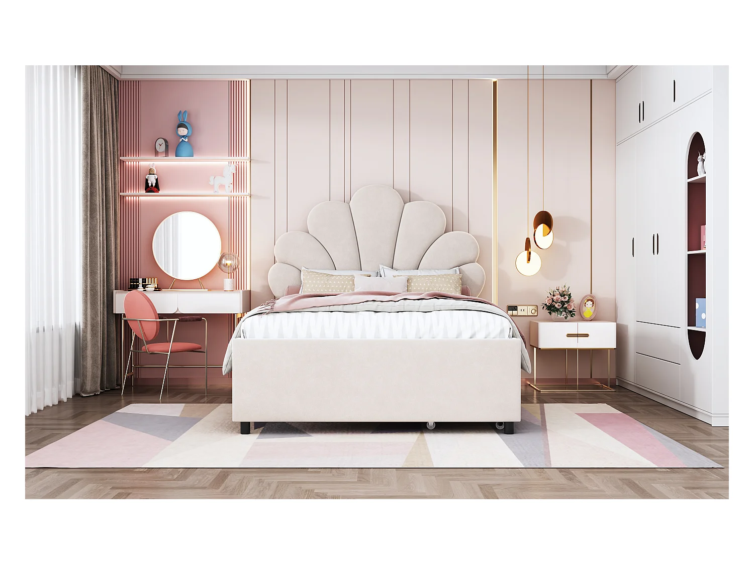 Lit enfant rembourré 90x200 cm, cadre avec tête fleurie, sommier, 2 rangements, velours beige, lit fille