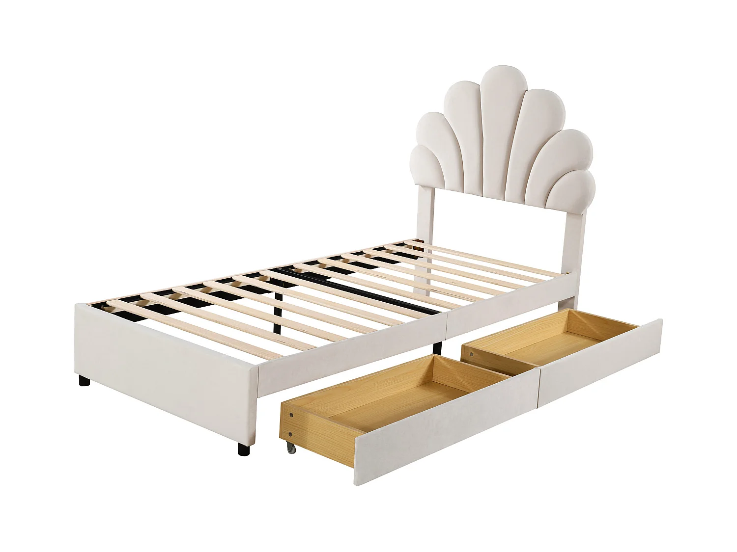 Lit enfant rembourré 90x200 cm, cadre avec tête fleurie, sommier, 2 rangements, velours beige, lit fille