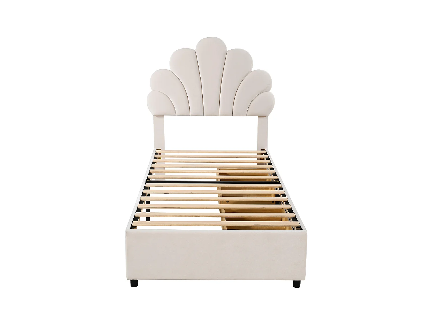 Lit enfant rembourré 90x200 cm, cadre avec tête fleurie, sommier, 2 rangements, velours beige, lit fille