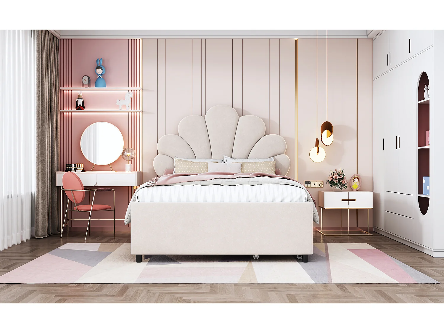 Lit enfant rembourré 90x200 cm, cadre avec tête fleurie, sommier, 2 rangements, velours beige, lit fille