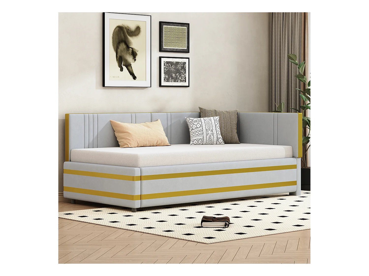 Lit rembourré 90x200 cm multifonction, sommier inclus, velours gris, convertible canapé