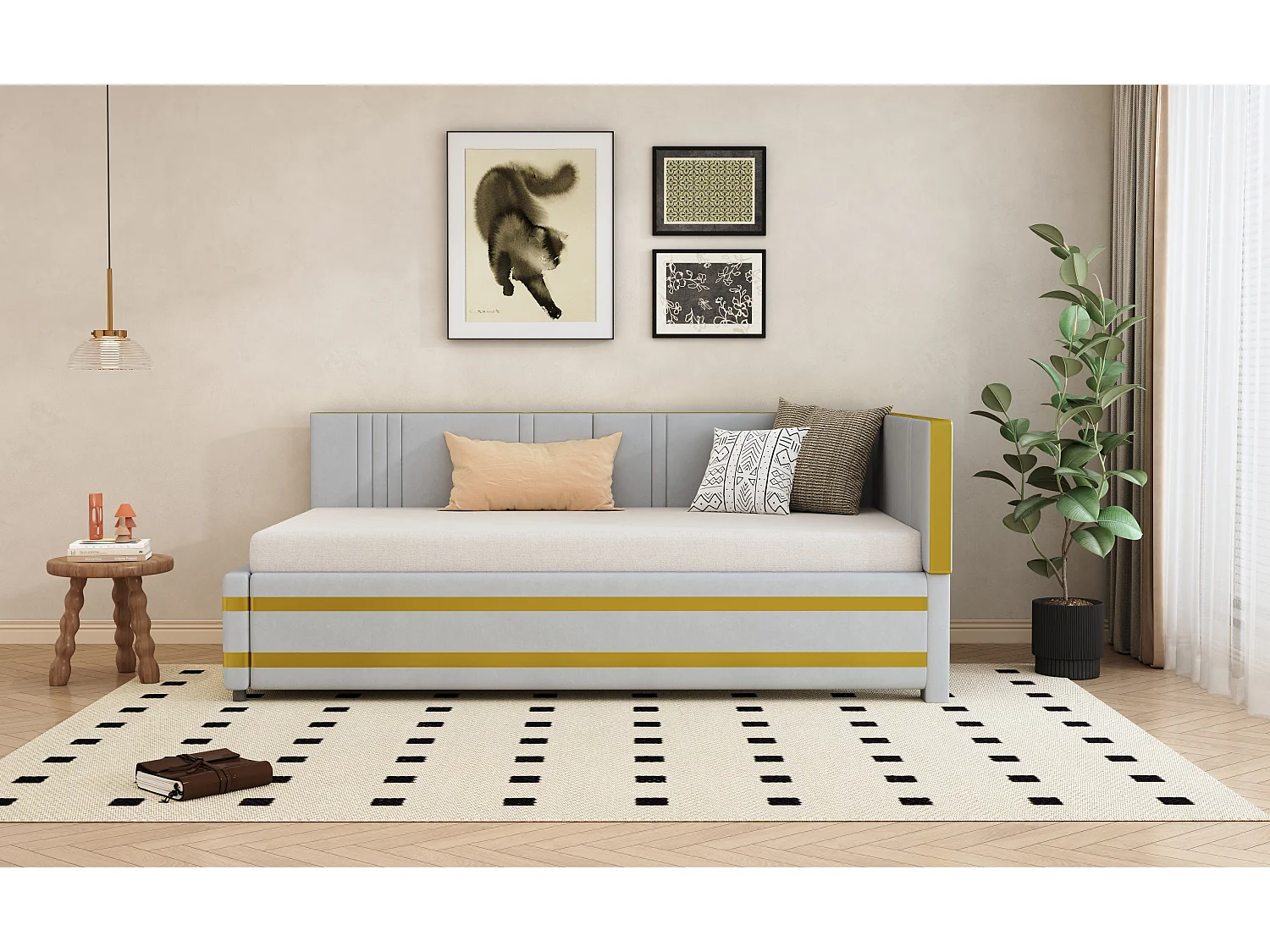 Lit rembourré 90x200 cm multifonction, sommier inclus, velours gris, convertible canapé