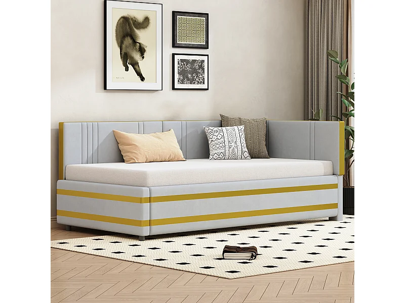 Lit rembourré 90x200 cm multifonction, sommier inclus, velours gris, convertible canapé