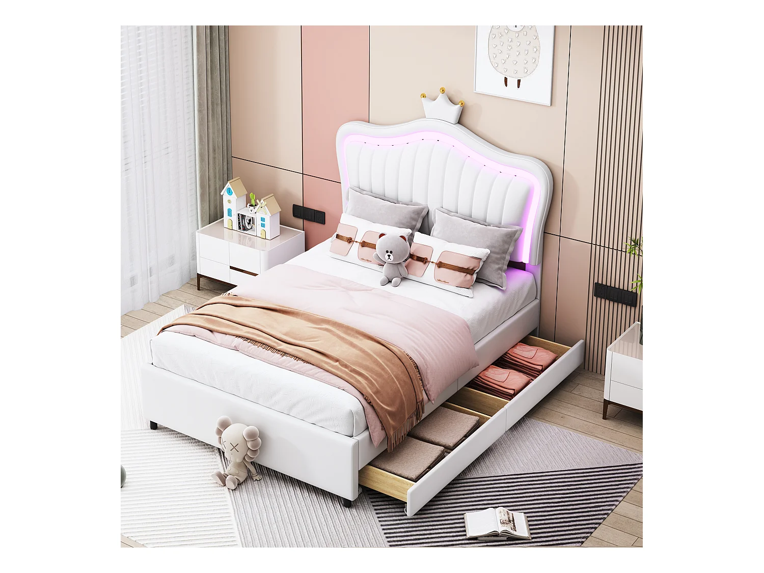 Lit enfant rembourré 90x200 cm, lit fille couronne blanche, PU cuir, tiroirs, LED et sommier inclus
