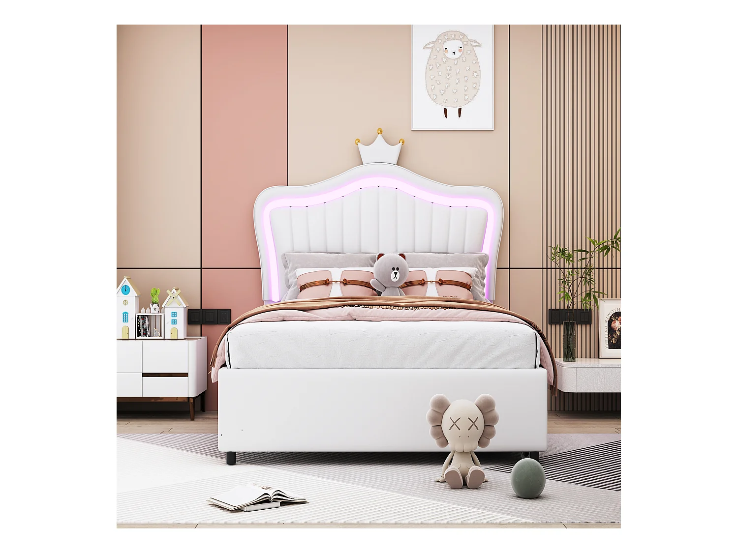 Lit enfant rembourré 90x200 cm, lit fille couronne blanche, PU cuir, tiroirs, LED et sommier inclus