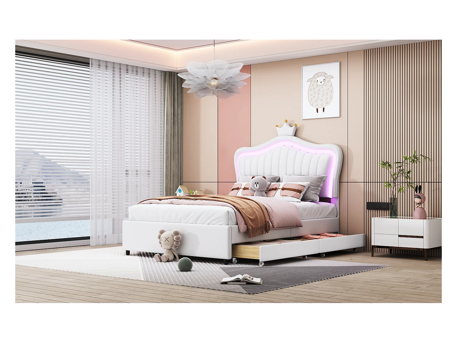 Lit enfant rembourré 90x200 cm, lit fille couronne blanche, PU cuir, tiroirs, LED et sommier inclus