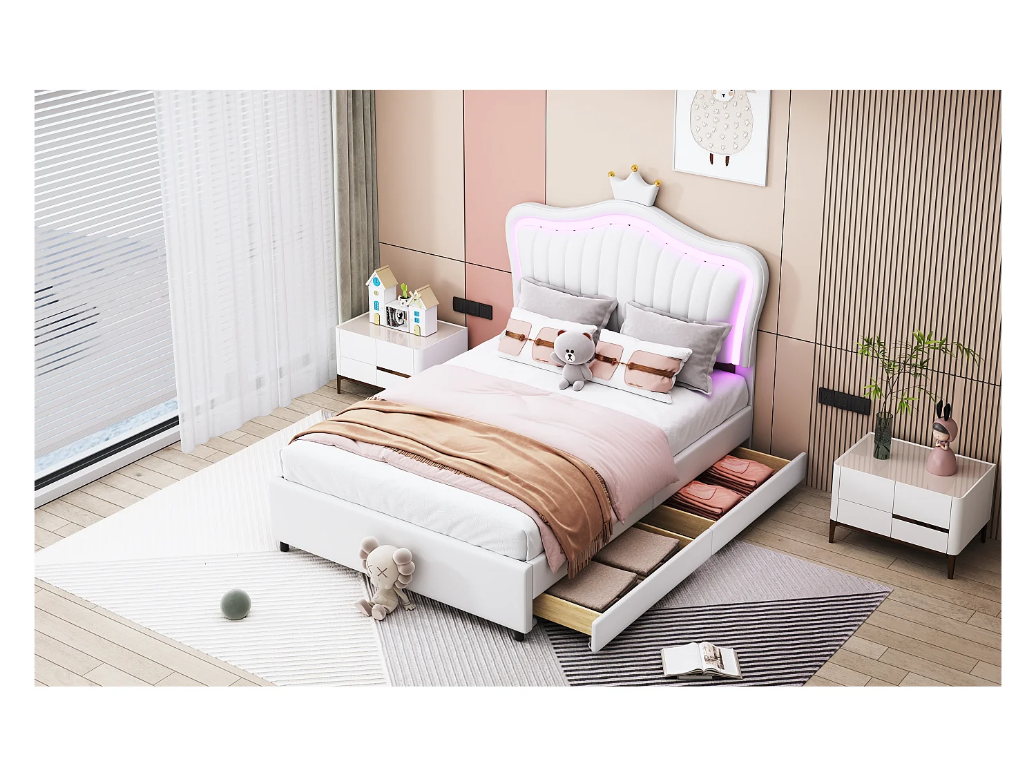 Lit enfant rembourré 90x200 cm, lit fille couronne blanche, PU cuir, tiroirs, LED et sommier inclus
