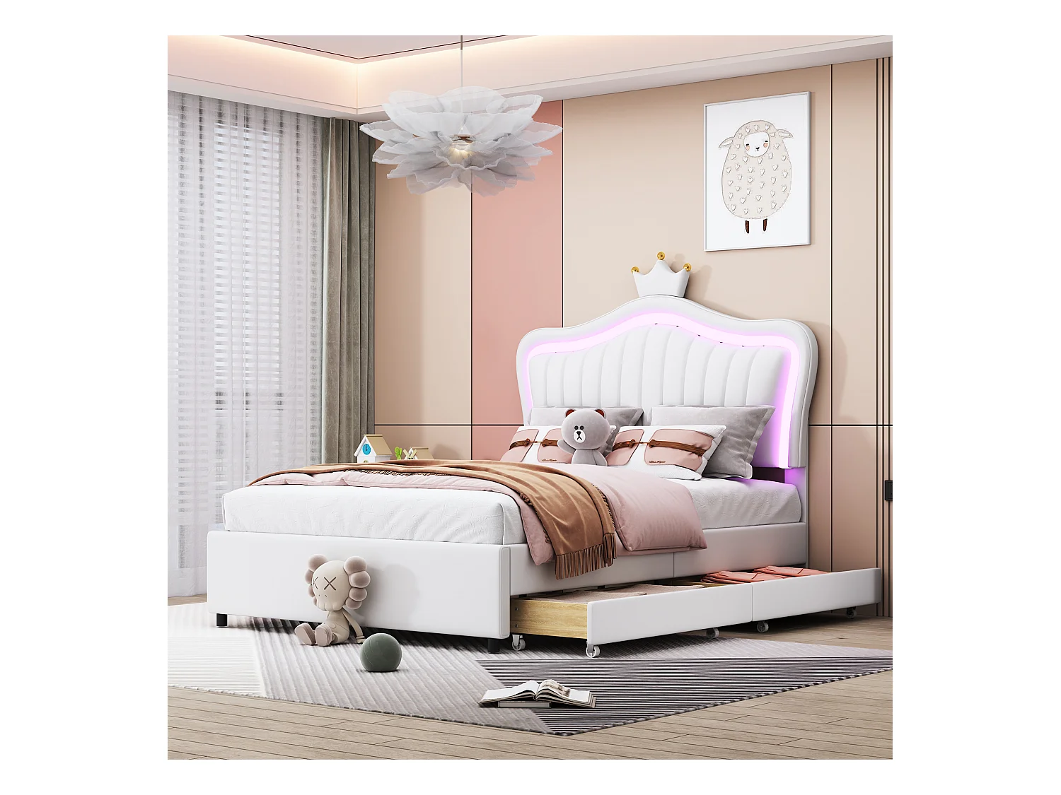 Lit enfant rembourré 90x200 cm, lit fille couronne blanche, PU cuir, tiroirs, LED et sommier inclus