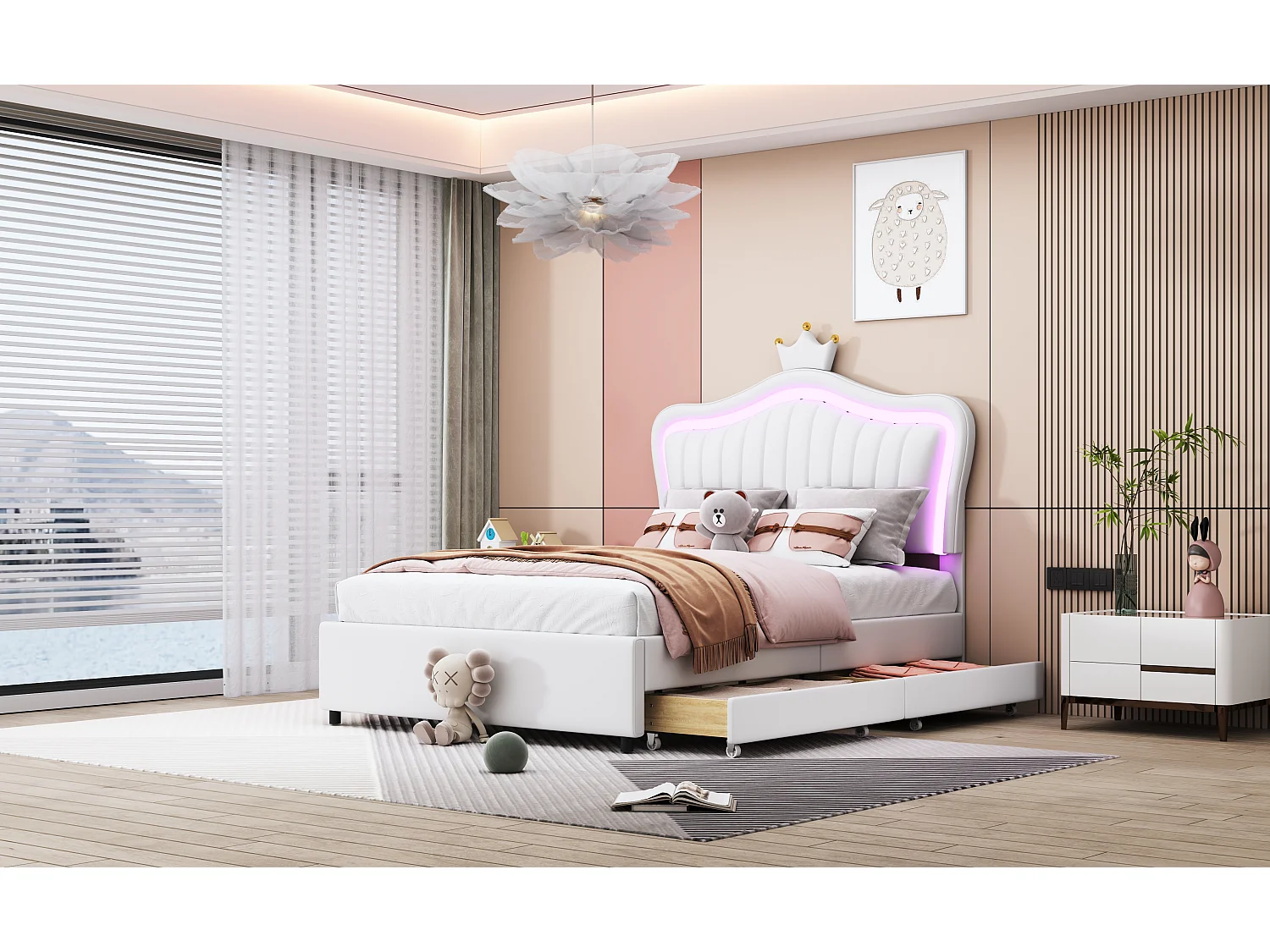 Lit enfant rembourré 90x200 cm, lit fille couronne blanche, PU cuir, tiroirs, LED et sommier inclus