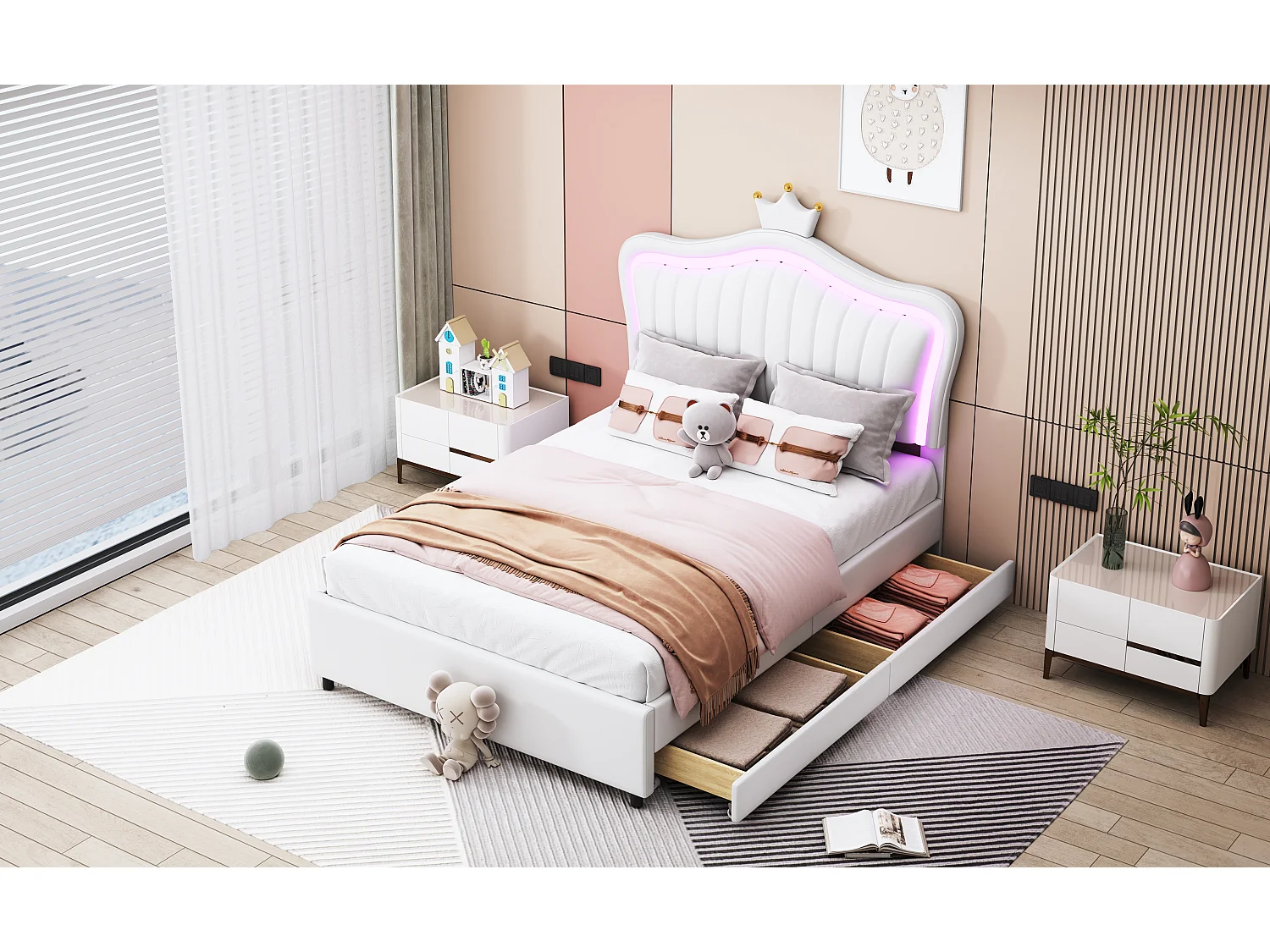Lit enfant rembourré 90x200 cm, lit fille couronne blanche, PU cuir, tiroirs, LED et sommier inclus