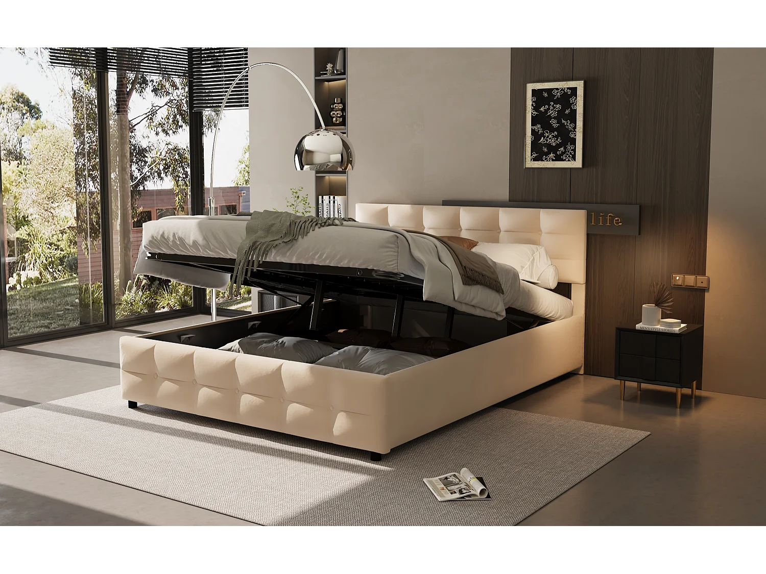 Lit rembourré 180x200 cm, sommier inclus, coffre hydraulique, velours beige, design fonctionnel