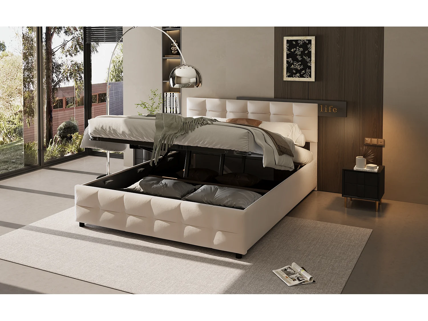 Lit rembourré 180x200 cm, sommier inclus, coffre hydraulique, velours beige, design fonctionnel