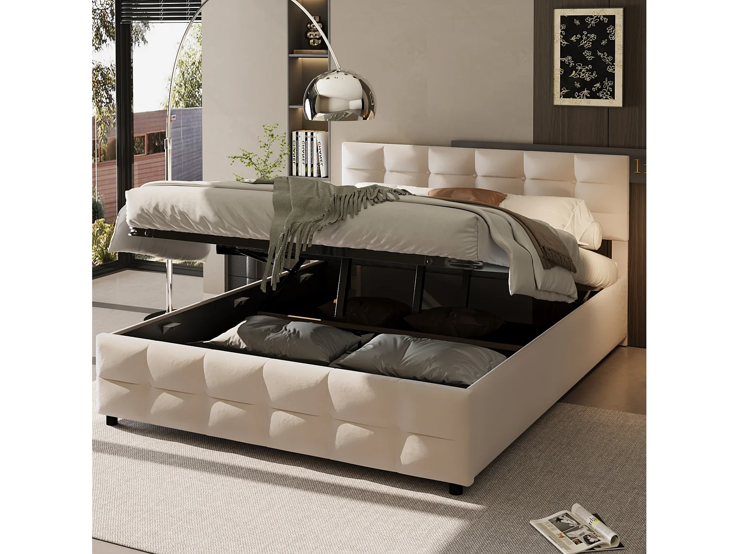 Lit rembourré 180x200 cm, sommier inclus, coffre hydraulique, velours beige, design fonctionnel